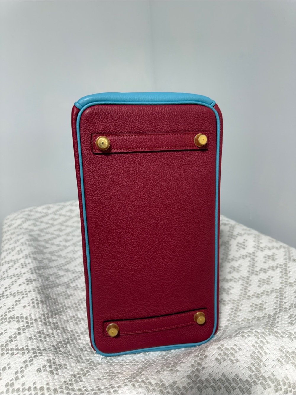 Hand Sewn Magenta Leather Tote with Turquoise Trim - Picture 4 of 5